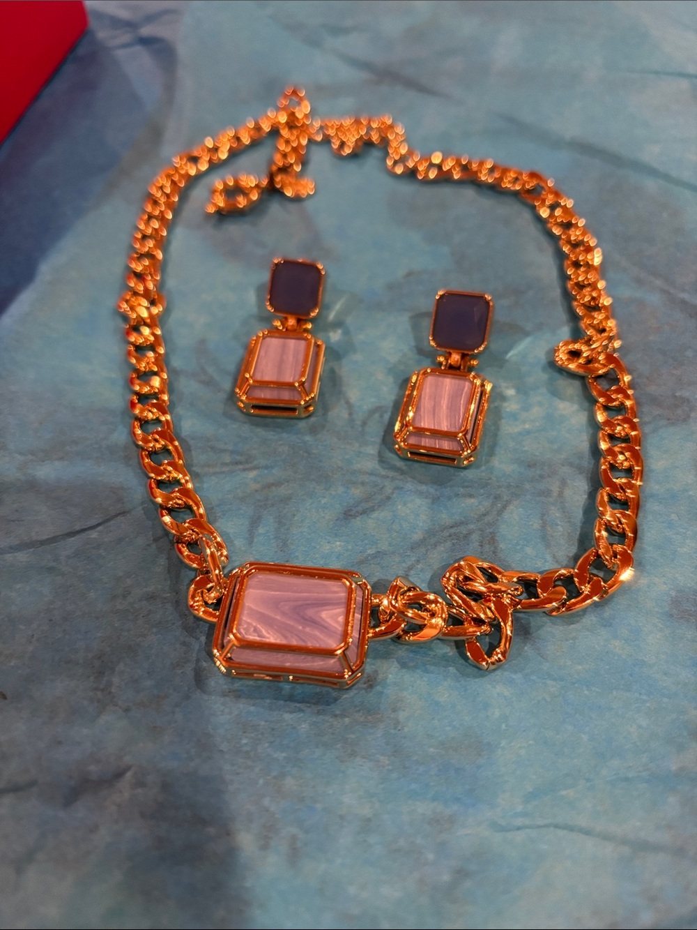 Gold-Tone blue stone necklace and Earrings Set